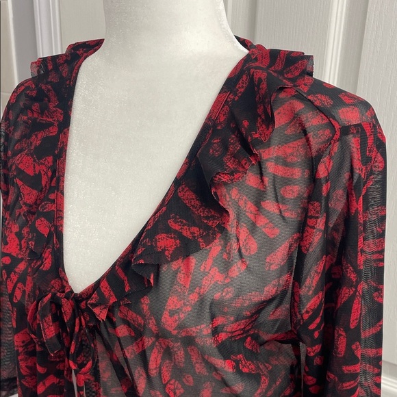 Simon Chang Red & Black Swim Coverup Ruffled Collar Self Tie 3/4 Sleeves Size M - Picture 5 of 11
